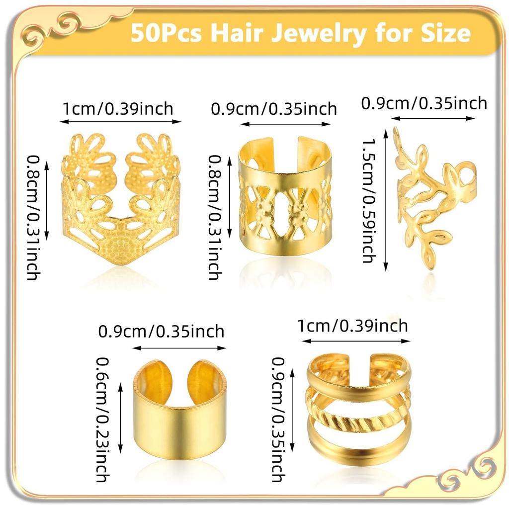 50PCS Hollow Dirty Braided Hair Rings Vintage Style Alloy Hair Rings Set - Hollow Out Round Hair Accessories for Women and Girls,