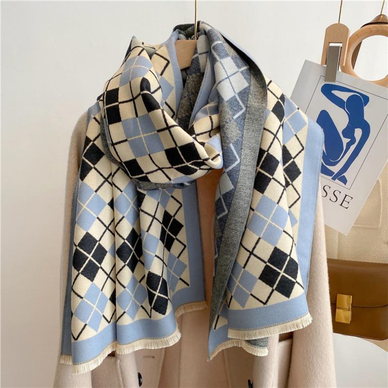 New scarf, sweet plaid women's shawl, warm in winter, imitation cashmere scarf with decoration