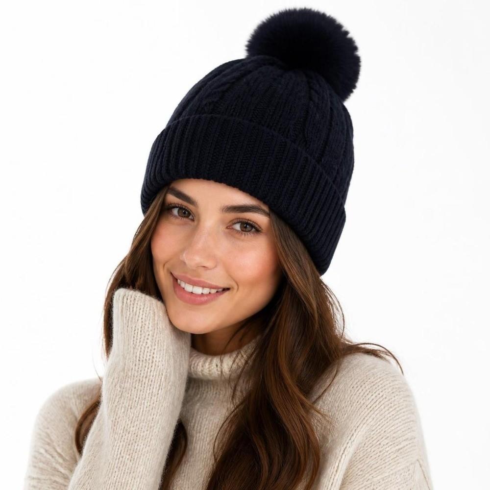 Winter Warm Knitted Hat with Fluffy Ball Beanies Cap Fashion Pullover Cap for Male Female