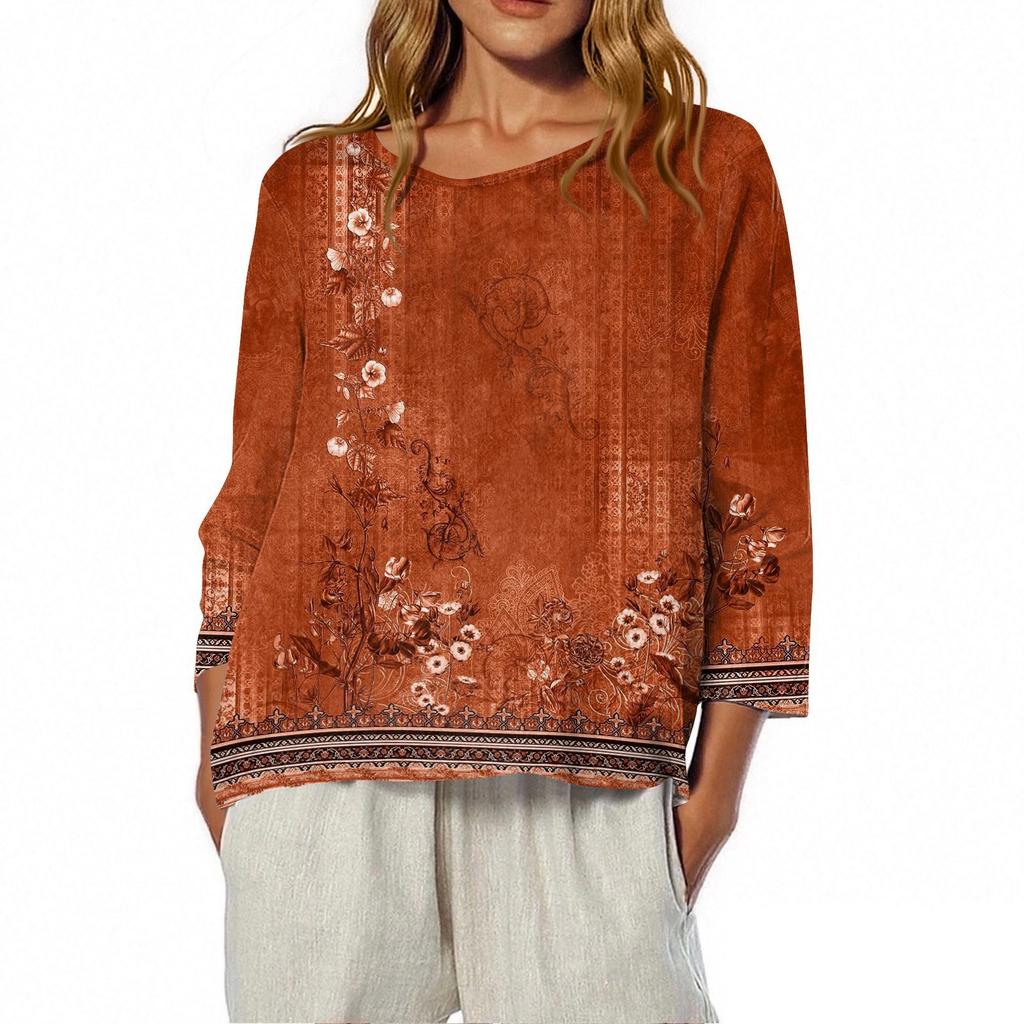 Dam O-ringad 3/4-ärmad tryckt topp T-shirt