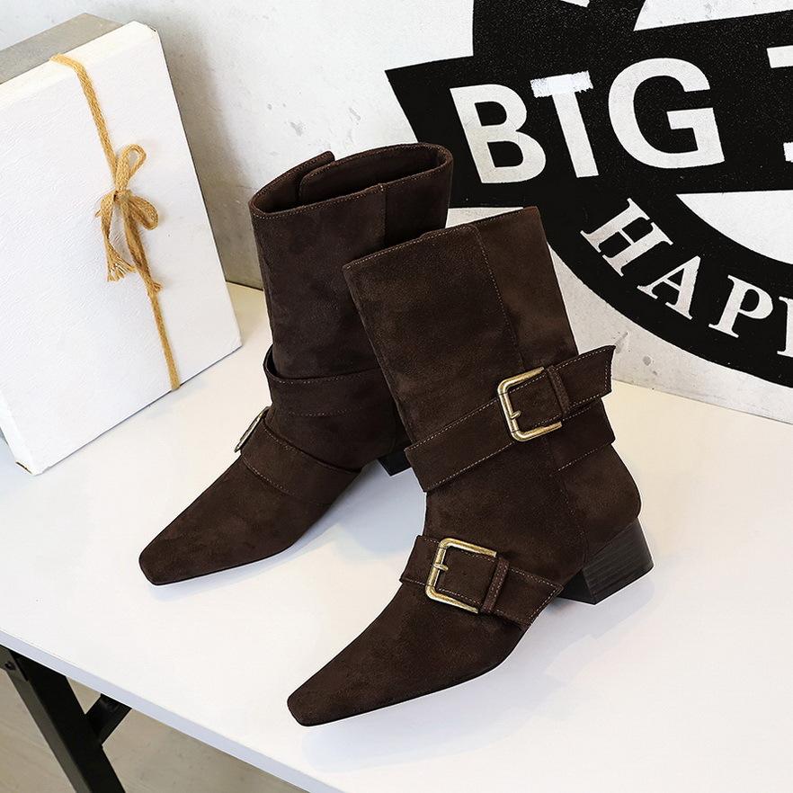 Retro Suede Women'S Boots Fashion Pointed Thick Heel Knight Boots For Women Designer Belt Buckle Women'S Shoes Botas Para Mujer