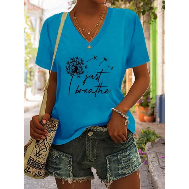 

Dandelion Pattern T-shirt, V-neck Short-sleeved Summer Casual Top, XL