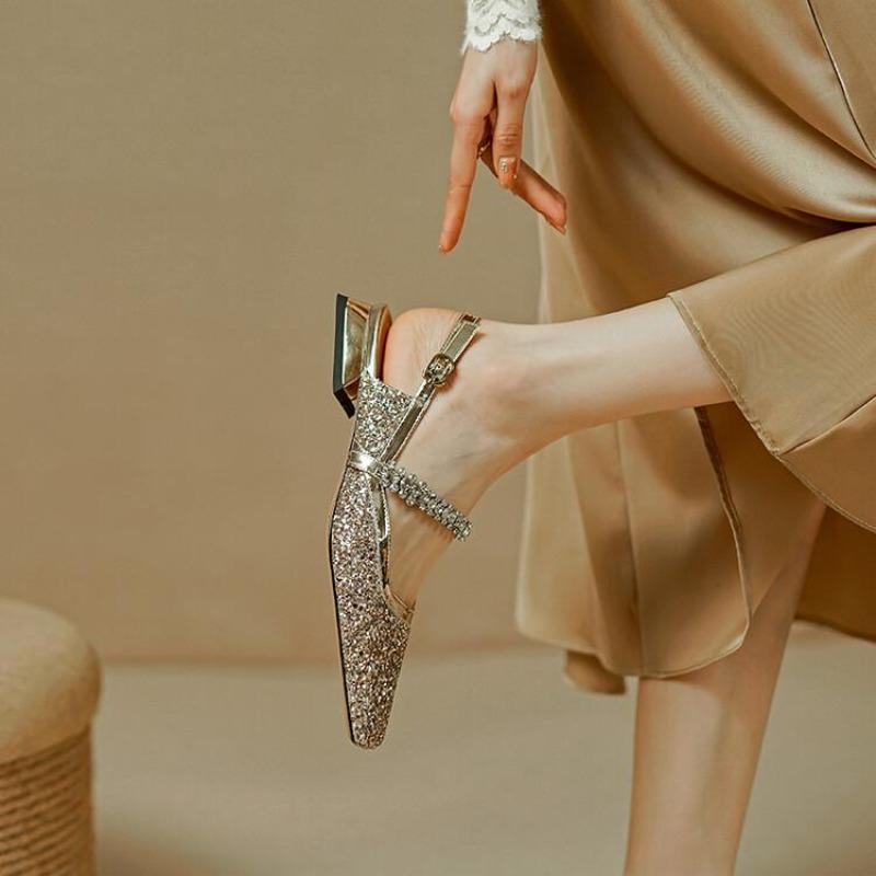 Fashion French Rhinestone Sequin Crystal Shoes Women Square Toe Mary Jane's Baotou Sandals Buckle Belt Thick Low Heels Slingback Sandal