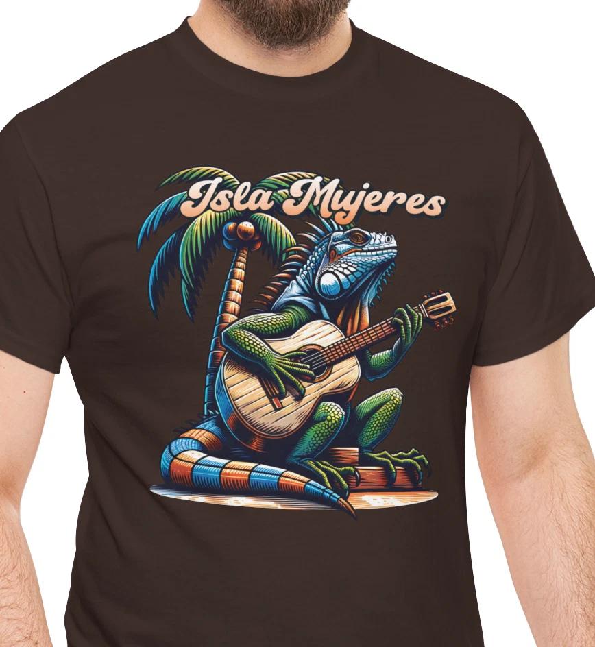 Isla Mujeres Guitar-Playing Iguana T shirt | Tropical Palm Beach Vibes M
