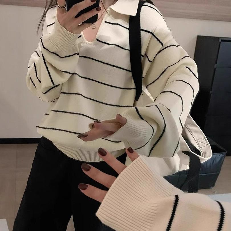 Lazy wind POLO collar striped long-sleeved knitted sweater women's autumn and winter new casual contrasting colors loose