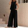 2026 Women's Solid Color Two-Piece Round-neck Blouse and Wide-leg Pants Set