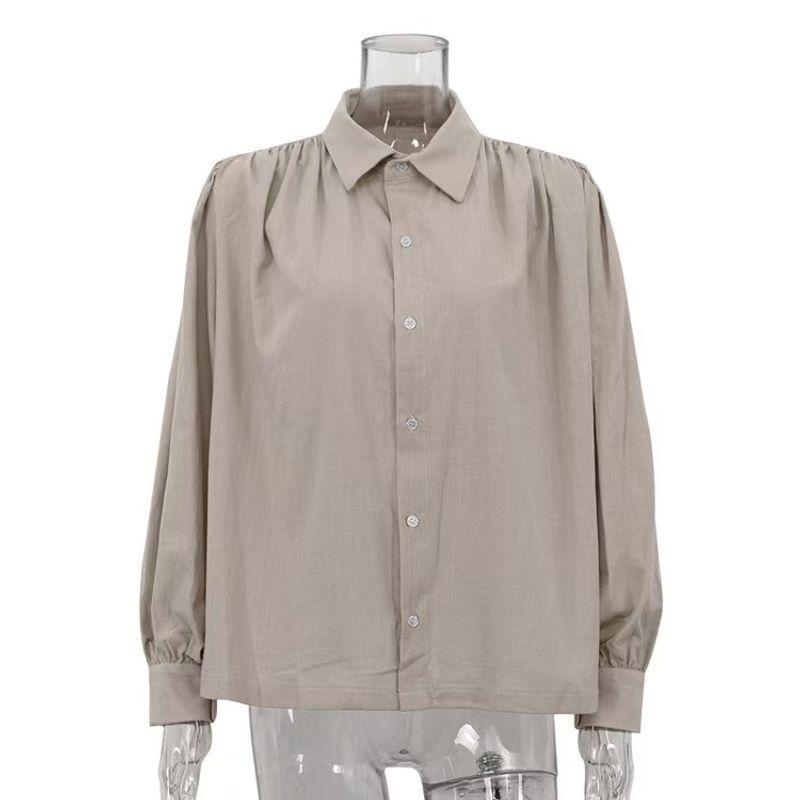 

Fashion Wind Fashion Loose Casual Long Sleeves Cotton Shirt Pure Color All-Matching Shirt Loose Fitting Shirt Khaki S