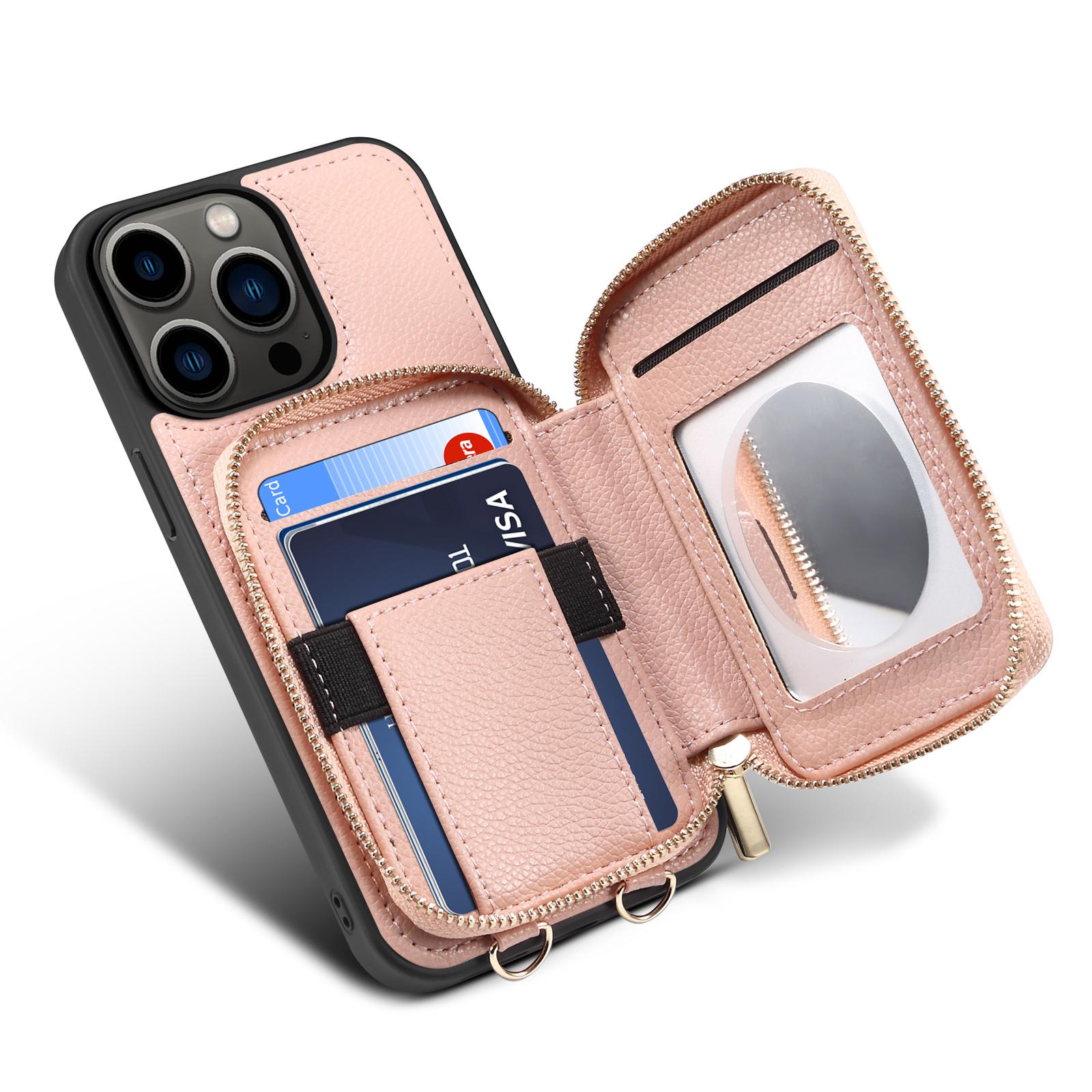 

For iPhone 14 Pro Max Kickstand Card Holder Phone Cover Wallet PU Leather+TPU Phone Case with Strap Rose Gold
