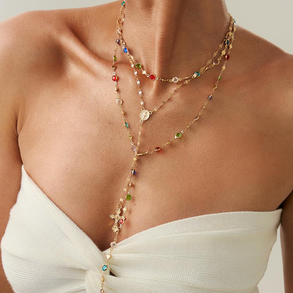 Light Luxury Colored Crystal Chain Stacked Long Necklace, Diamond-Encrusted Cross Pendant Collarbone Necklace