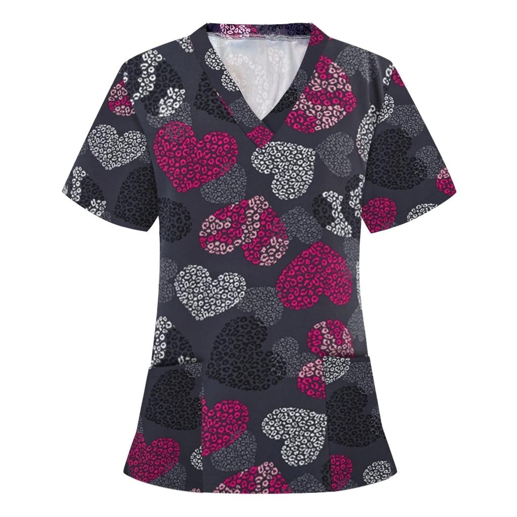 Medical Uniform V-Neck T-Shirts Working Hospital Halloween Short Sleeves Surgical Print Nurse Medical Scrub Print Tops Women Blo
