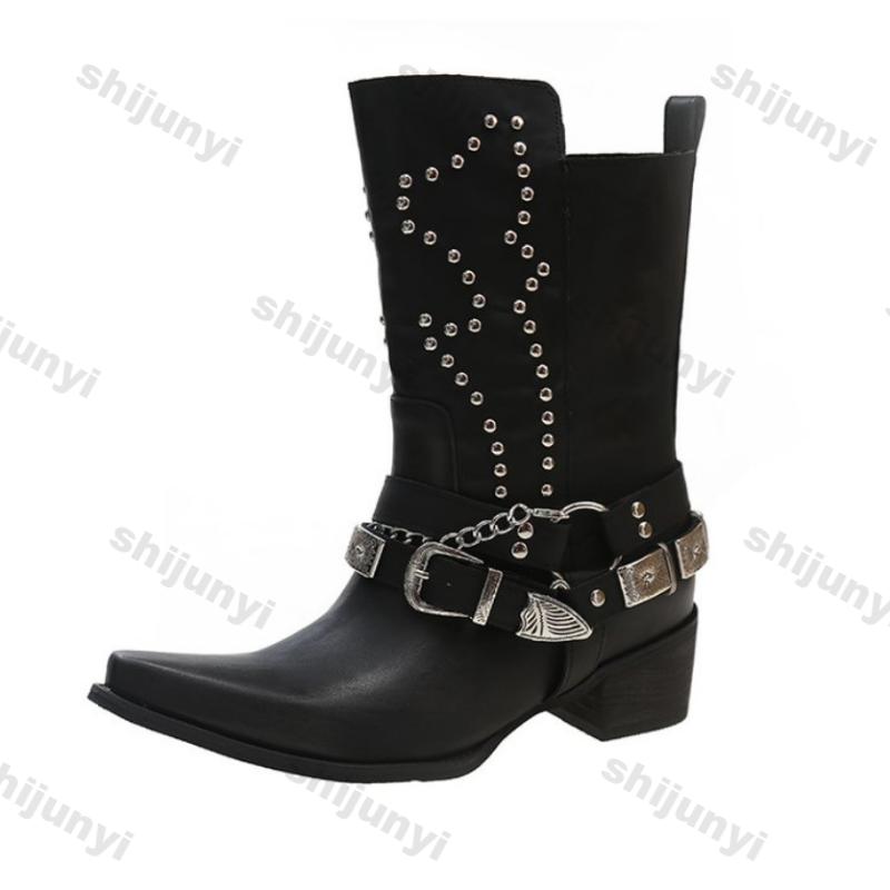 Fashion Women Chunky Mid-heel Boots Ladies Autumn Buckle Women Platform Knee High Boots Punk Street Fashion Rivet Western Cowboy Boots