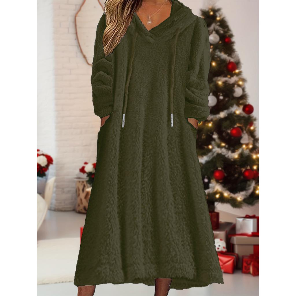 Women's Jumper Dresses V Neck Long Sleeve Sweatshirt Dress Fleece Oversized Hooded Pullover Dress with Pockets