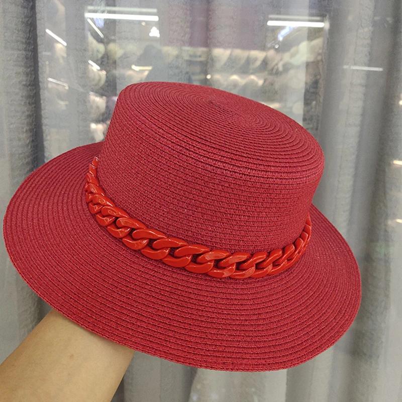 Nieuwe Kleur Ketting Platte Top Unisex Jazz Strooien Hoed Buiten Vrouwen Zeevakantie Zon Strand Hoeden Mode Zomer Panama Emmer Hoed