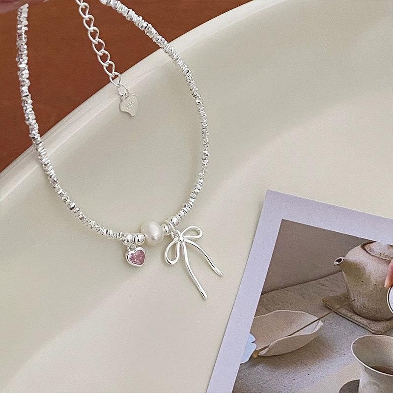

Браслет из стерлингового серебра S925 с маленькими кусочками серебра и бантиком Розовый браслет с жемчугом любви Женский сладкий девичий 925 серебряный