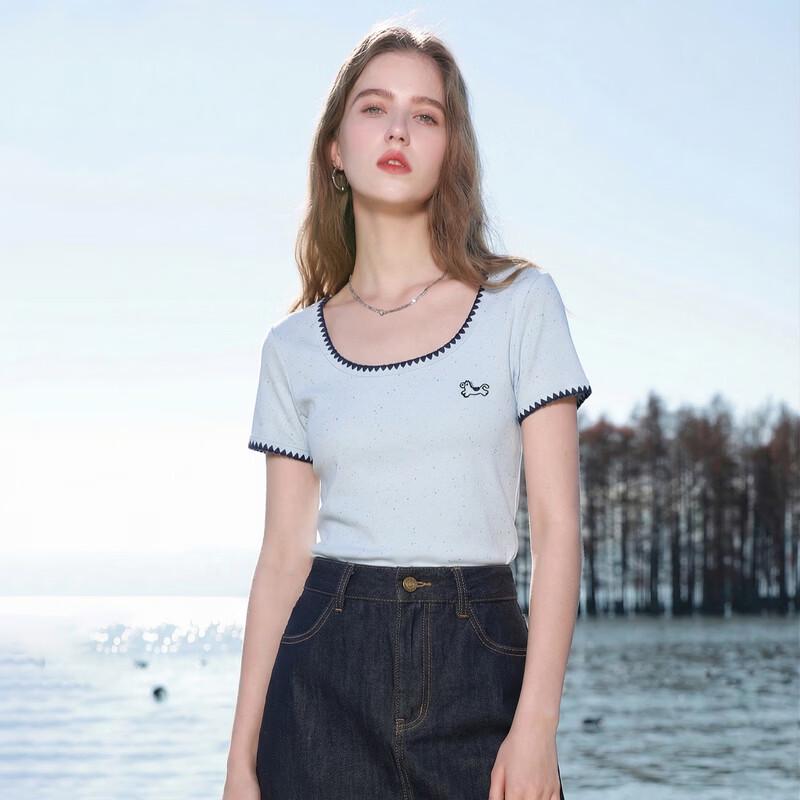 Sancai Women's Slim Fit Shell Embroidered Short Sleeve T-shirt