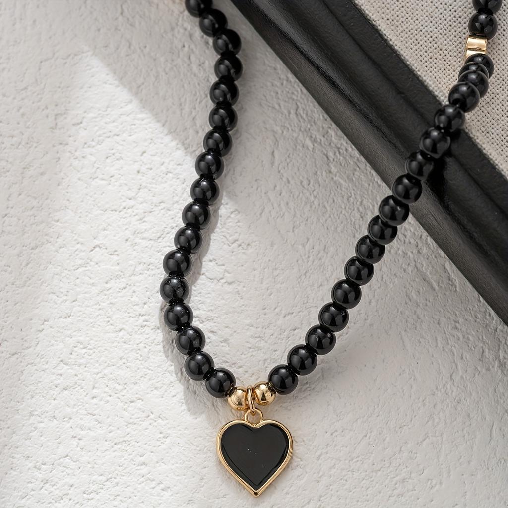 1 Collana con Ciondolo, Raffinata Collana Fatta a Mano con Perline Nere a Forma di Cuore, Collana con Catena per la Clavicola, Gioielli da Donna per Feste e Festival Musicali