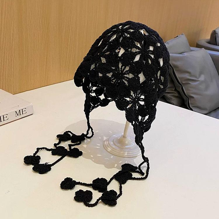 Bohemian Handmade Knitted Hat Flower Fringed Bag Head Hat Female Ethnic Style Hollow Crochet Hat Travel Versatile