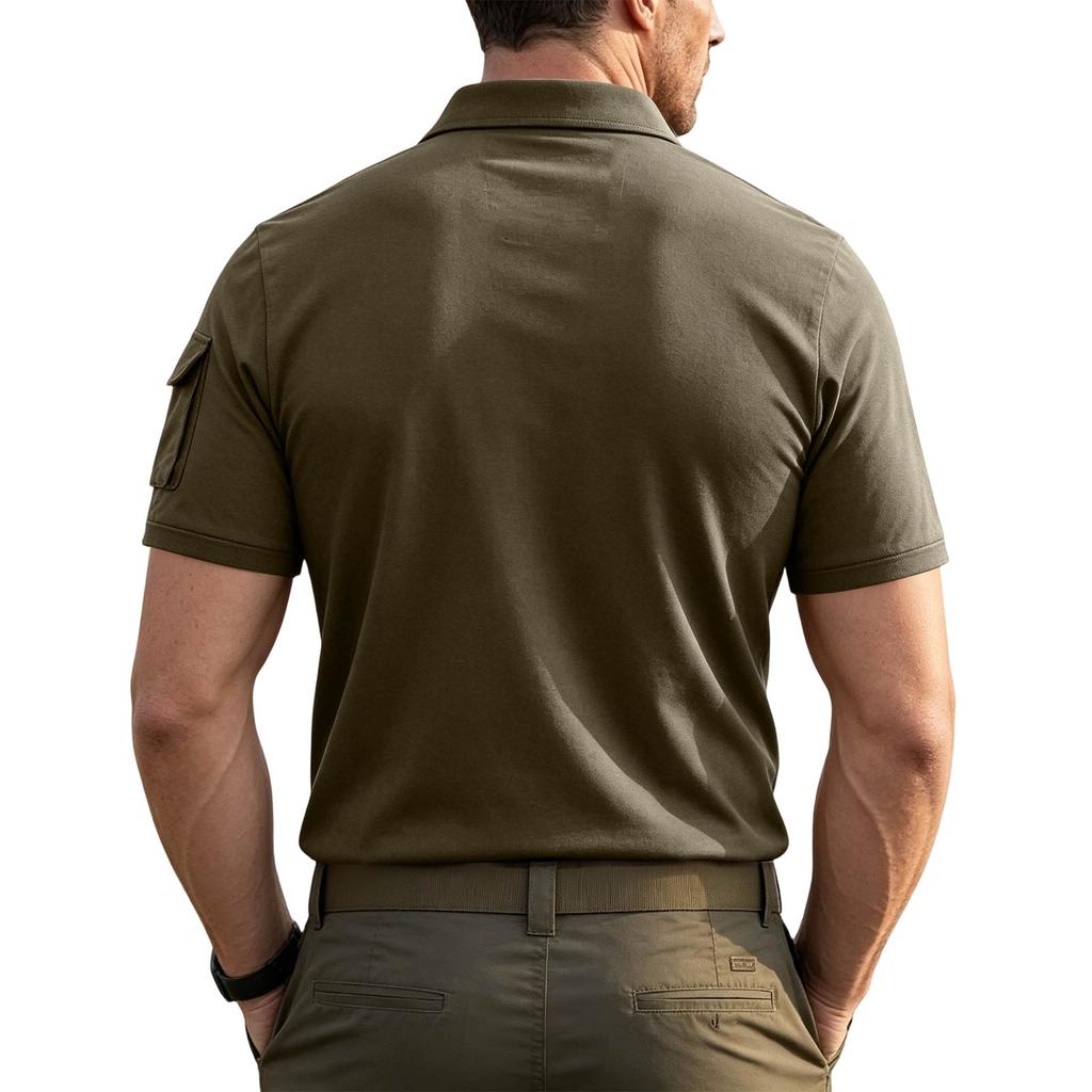 Men's Tactical Polo Shirt Short Sleeve Military Style Casual Shirt with Button Collar and Sleeve Pocket for Outdoor Work