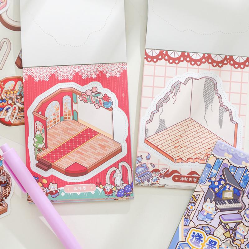 24Pcs/Bag Zoo Small Class Meow Wow Wonderland Series Scenery Sticker Book Three-Dimensional Scene Miniature Sticker Handbook Diy