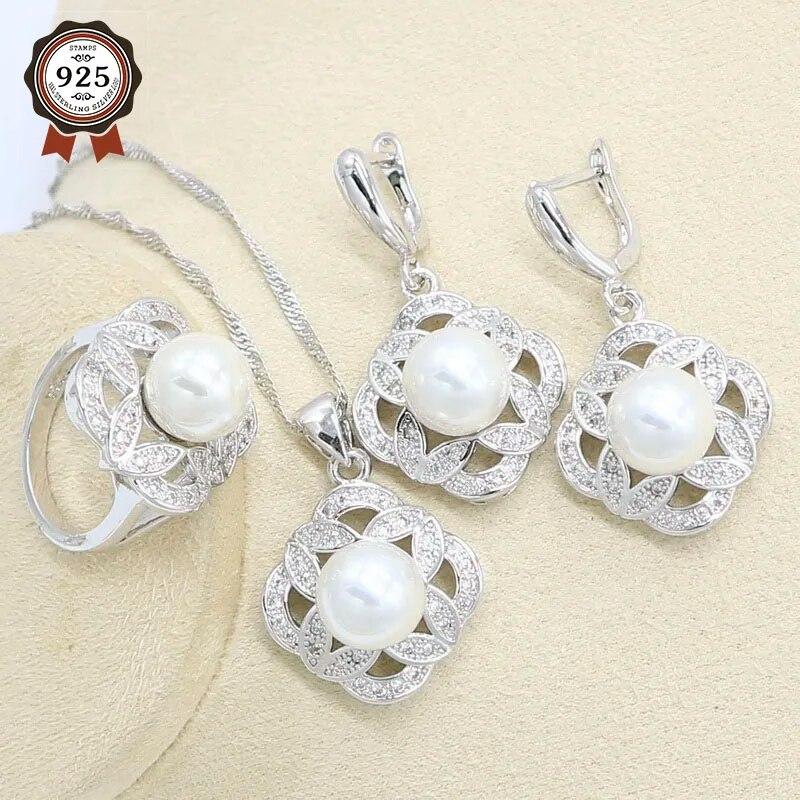 

Белый жемчуг серебряного цвета, комплект ювелирных изделий для женщин, серьги, ожерелье, кулон, кольцо, подарок на день рождения