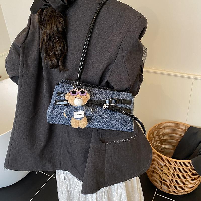 Niche denim bag women's new contrasting color versatile shoulder underarm bag fashionable commuter bag