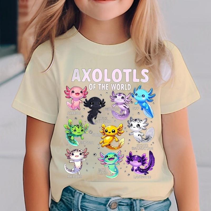 Colorful Cartoon Axolotls Graphic 3D Print T-Shirt Summer Casual Comfy Girls Clothes  Short Sleeve T-Shirt for Children Top
