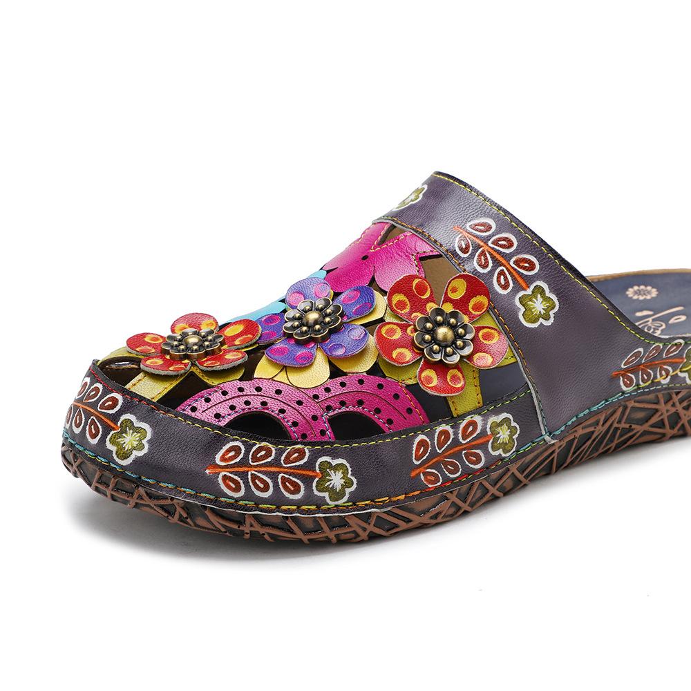 Johnature Pantoufles Femmes Chaussures En Cuir Véritable Peint À La Main À L'extérieur Diapositives À La Main Fleur Sandales Plates