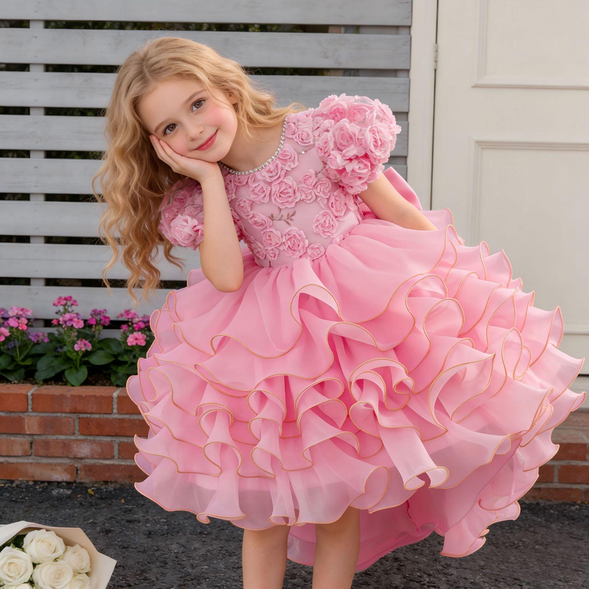 

Children s formal dress with puff sleeves, embroidery, a train and a tiered princess skirt – perfect for birthday parties and as a flower girl dress 160cm рожевий