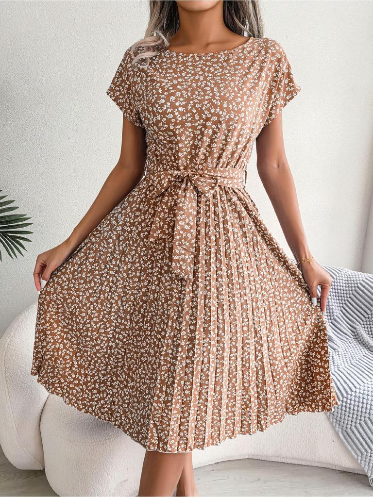 Abito stampato con scollo a O, elegante abito attillato per le donne, a maniche corte, abiti larghi, abito casual