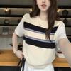 Women's Korean-Style Fashion Universal Fit Slim-Fit Top Fake Two-Piece Short-Sleeve Patchwork Solid Color Striped Knitted Sweater