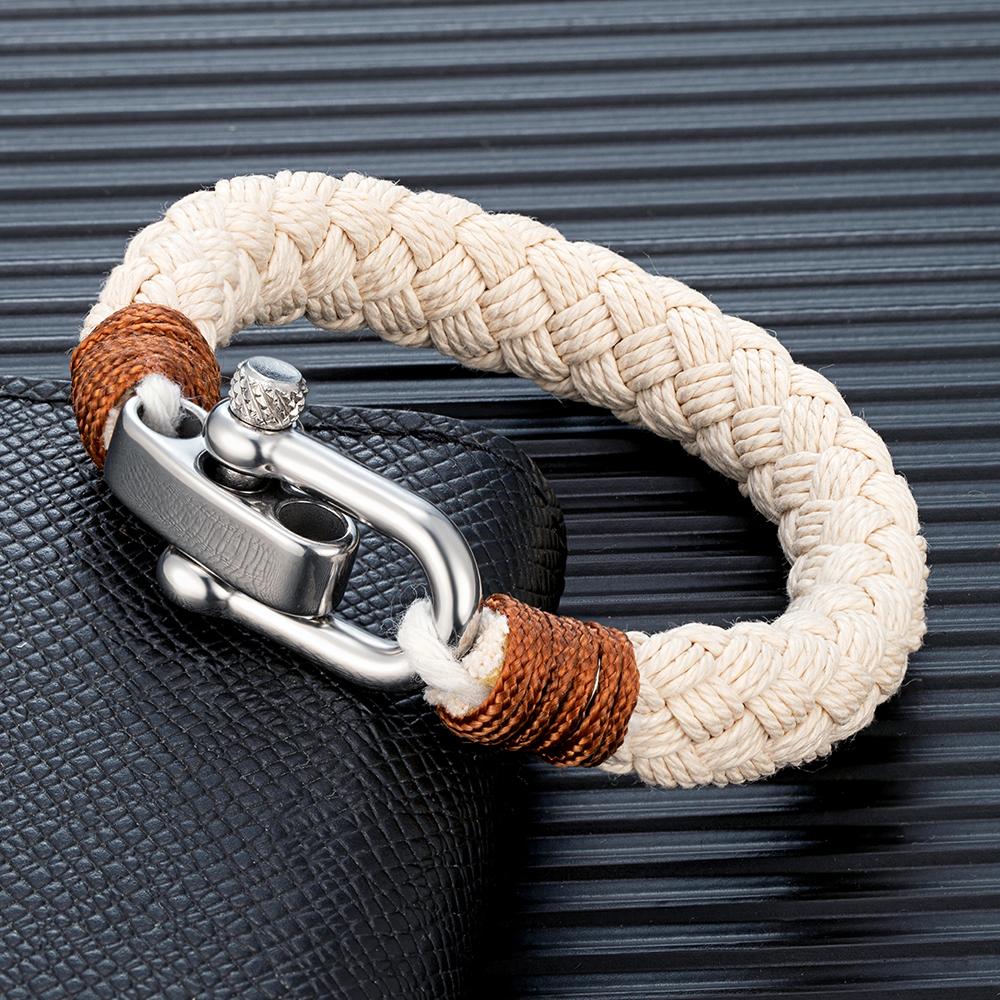 MKENDN Nautical Style Wide Rope Bracelet Fashion Men Stainless Steel Adjustable Shackle Clasp Wrap Bangles Handmade Jewelry Gift
