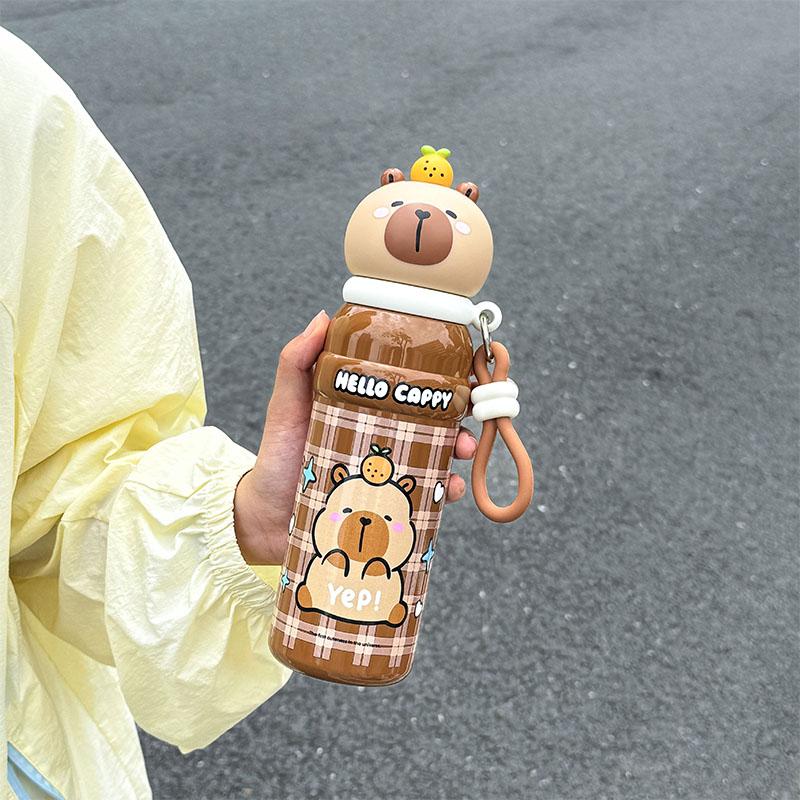 1pc Capybara Cute Cartoon ulated Water Bottle, 500ML, with Wide Hand Strap & Non-Slip Base, Portable Drinking Cup