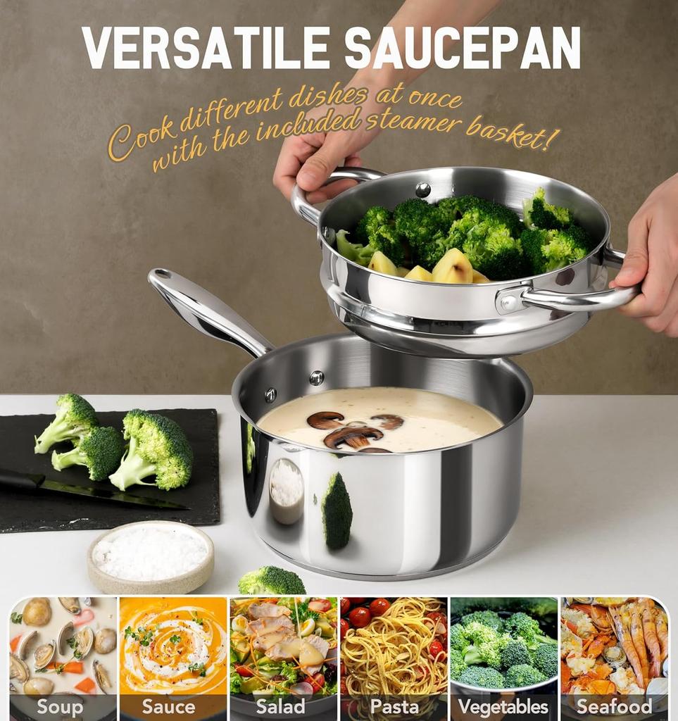 MICHELANGELO 3QT Stainless Steel Steaming and Cooking Dualpurpose Soup Pot Set Suitable for All Stoves Such As Induction Cookers
