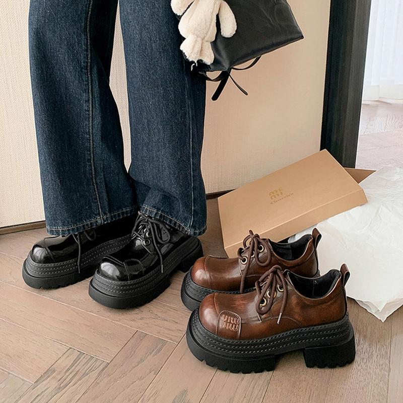 Fashion Women's new leather cowhide round toe high-heeled lace up college style single shoe with thick sole retro casual shoes