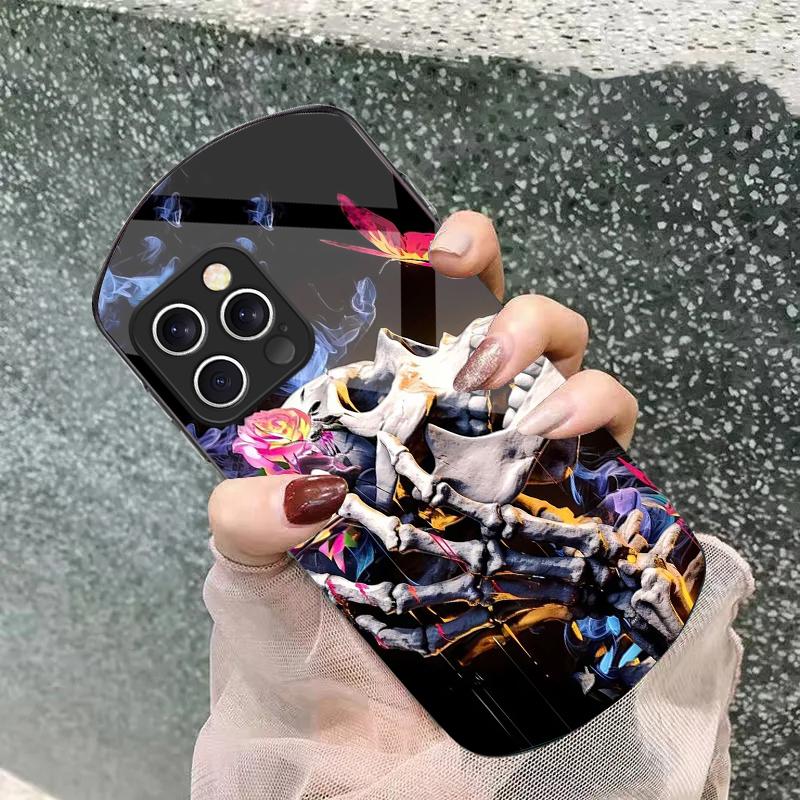 Skeleton Skull Flower For IPhone 16 Pro Max 11 12 Mini 13 14 P Lus 15 Plus 7 8 Se 2020 X Xs Elliptical Tempered Glass Phone Case