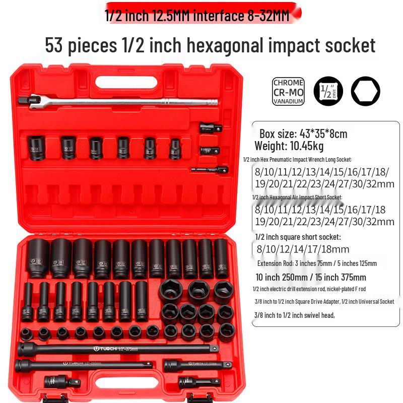 53-Piece 1/2" Heavy-Duty Impact Socket Set with Extended F-Handle and Electric/Pneumatic Hex Head Extension.