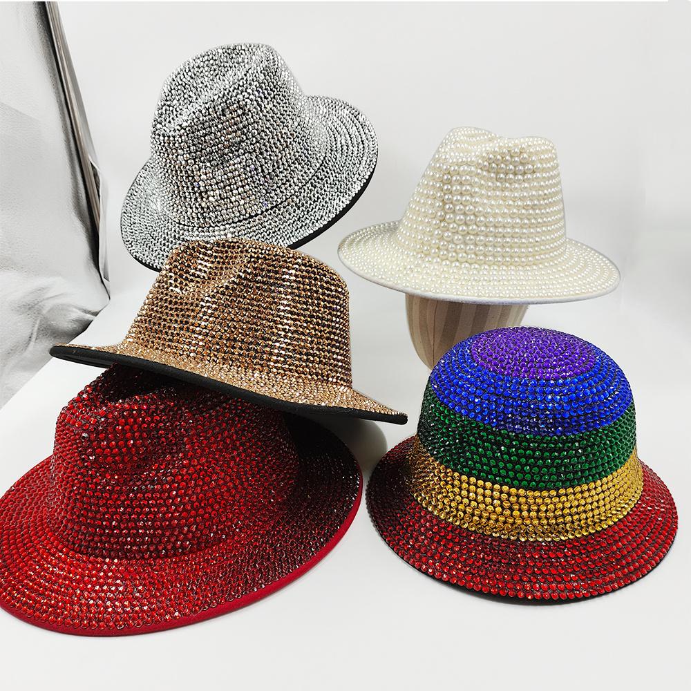 Rhinestone and Pearl Fedoras Jazz Hats for Men and Women Red Matching Black Diamond Fedoras Stage Banquet Cap 2022 Wholesale