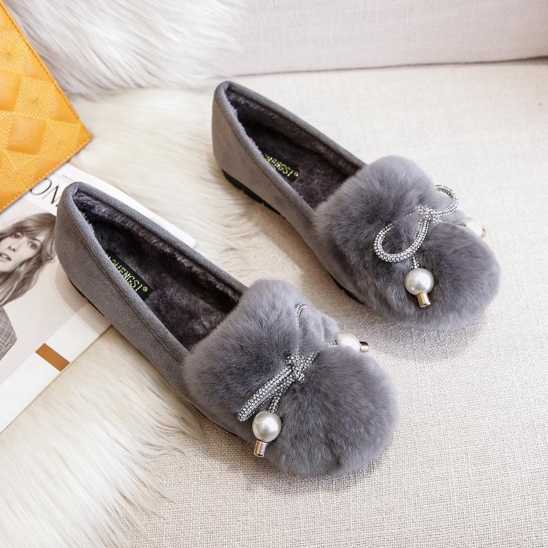 Fashion Big Size 34-43 Pom-Pom Rabbit Fur Shoes Women Owl Stone Moccasins Winter Plush Warm Boots Ladies Wool Flats Femme Cotton Loafers
