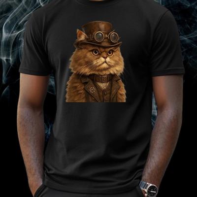 T-Shirt Men Steampunk Persian Cat Motif Cotton Size S To 5XL