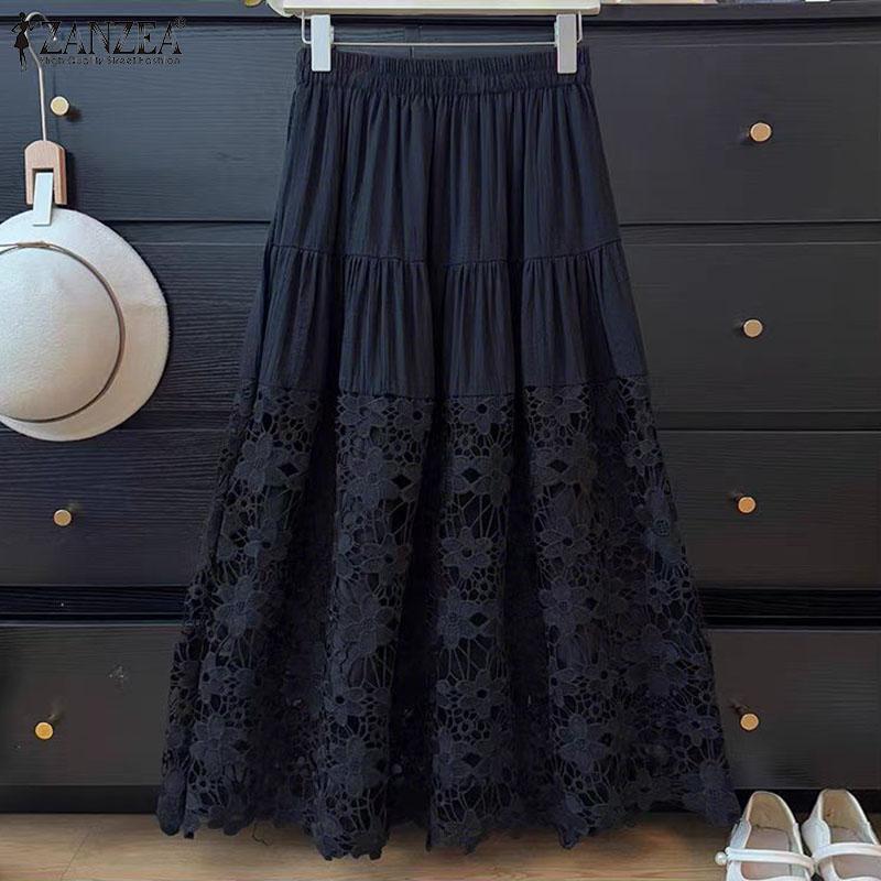 ZANZEA Womens Summer Casual Hollow Crochet Patchwork Loose Long Skirts