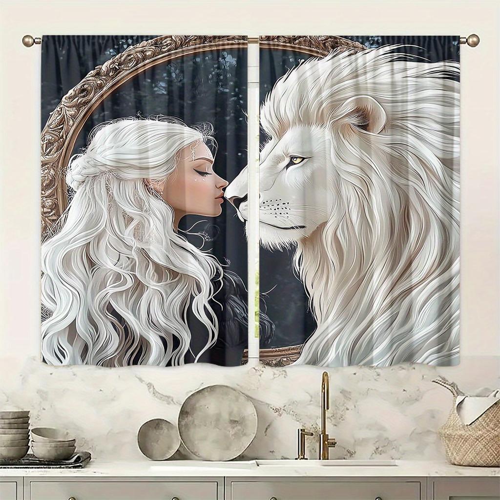 Set Of 2 White Haired Girl Lion Curtains Bedroom Living Room Office Curtain Sheer With Rod Pocket Polyester Ideal For Sitting