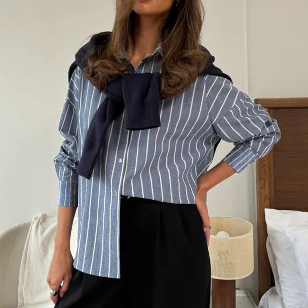 Women's Fashion Casual Striped Cardigan Loose Long Sleeve Shirt T-Shirt Top