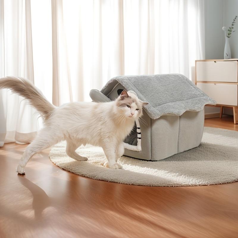 Detachable Cat Cave Bed - Winter Warm Pet House for Cats & Small Dogs, Soft Polyester Cave Nest with Removable Washable Cover