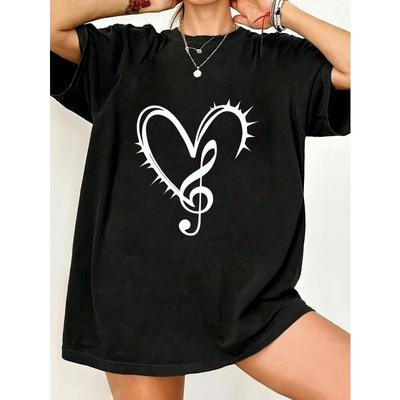 T-shirt Oversize con Stampa Cuore Nero e Nota Musicale Streetwear Casual da Donna