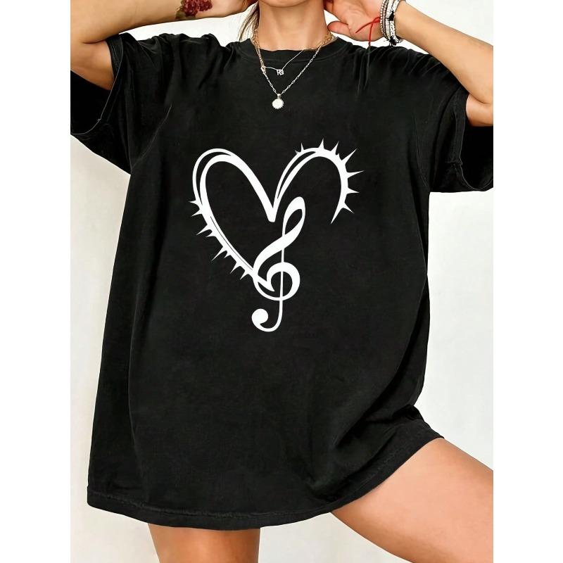 

Oversized T Shirt Black Heart And Musical Note Print Casual Streetwear For Women XXXXL чёрный