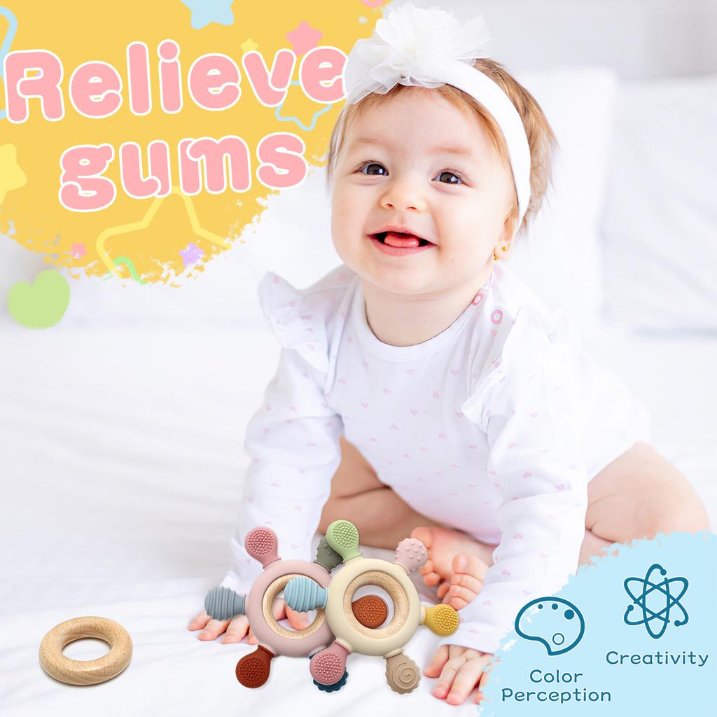 1pc Baby Silicone Teether Toy Rudder Shape Wooden Ring Teething Toys Infant Chewing Nursing Toy Newborn