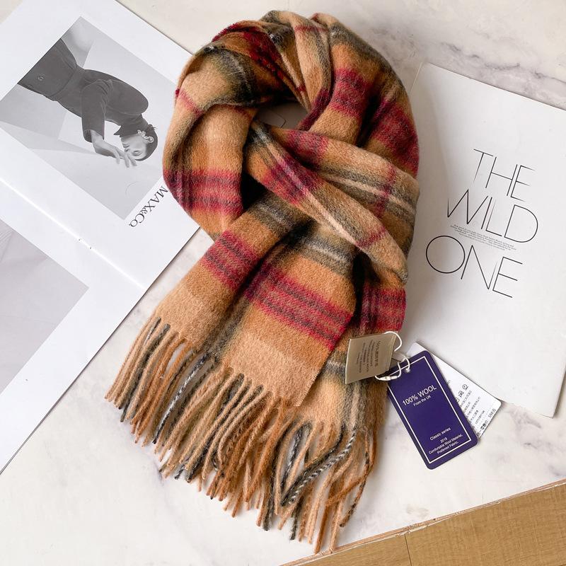 Green Pure Wool Plaid Thickened Warm Scarf Men's and Women's New Winter Couple Scarf Advanced Sense
