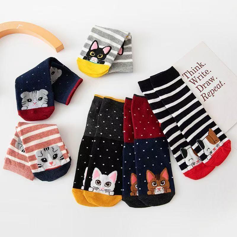 5 Pairs Fun Kitten Cotton Socks Gift Cute Cat Socks Women Cartoon Animal Crew Socks Colorful Casual Sock Set