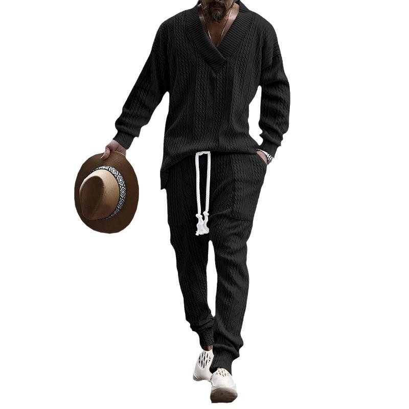Spring and Autumn Men's Casual Trousers V-Neck Jacquard Sweater Two-Piece Set