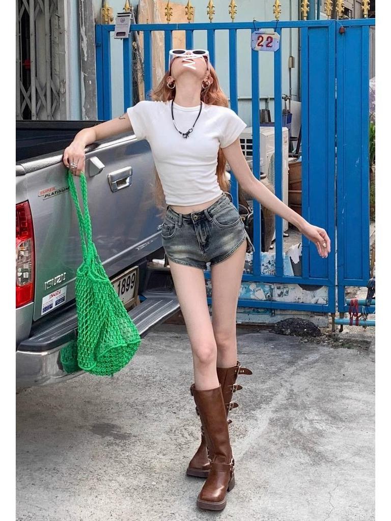 Women's High Waist Elastic Denim Shorts - Irregular Slanted Hem, Petite Fit, Casual Versatile Summer Hot Pants